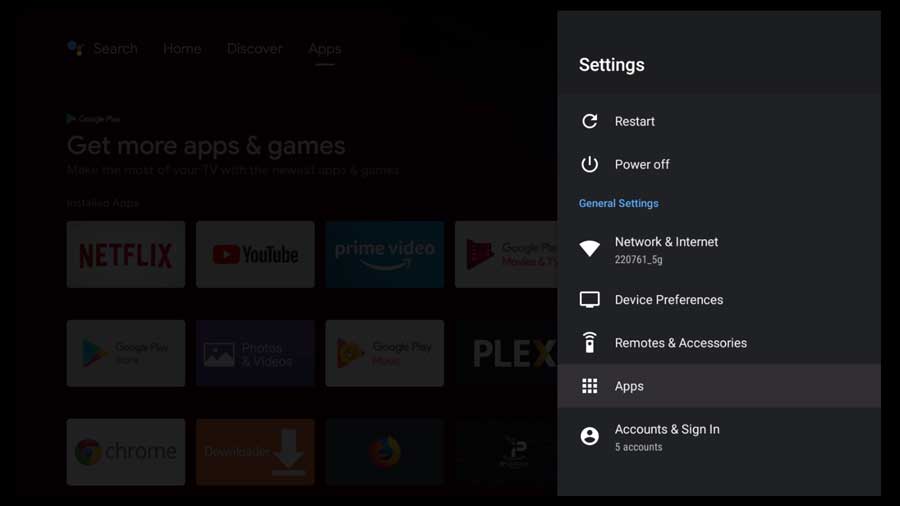 NVIDIA Shield TV Settings Menu. Click on Apps