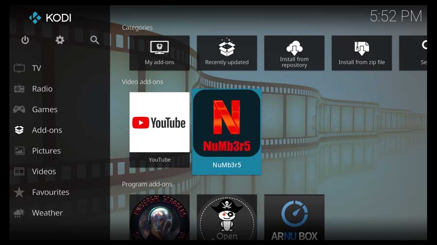 Launch Numbers from the main Kodi Add-ons tab