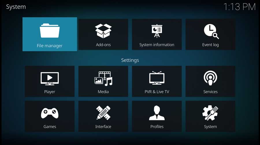 Kodi 19 Settings menu: File manager icon