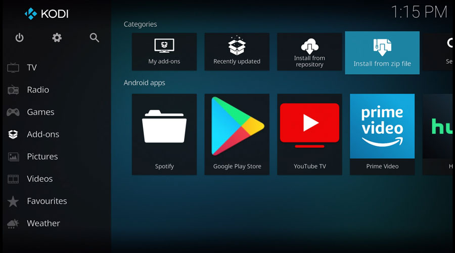 Kodi addons tab: Install from zip file