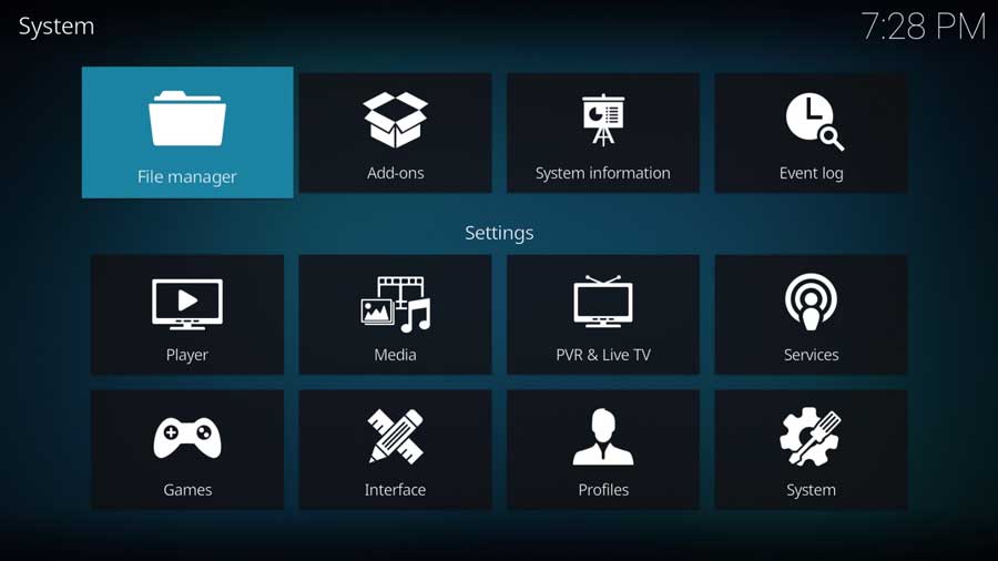 Kodi 19 System menu: File Manager icon