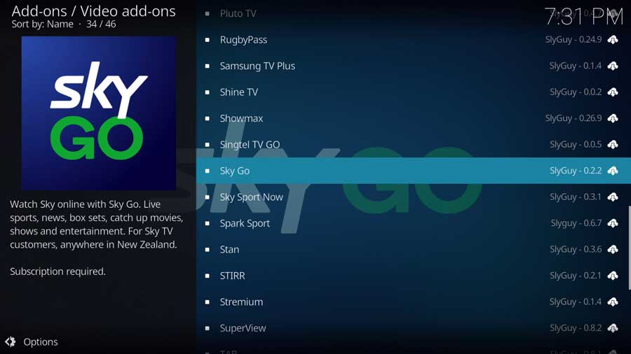 Select the Sky Go Kodi addon