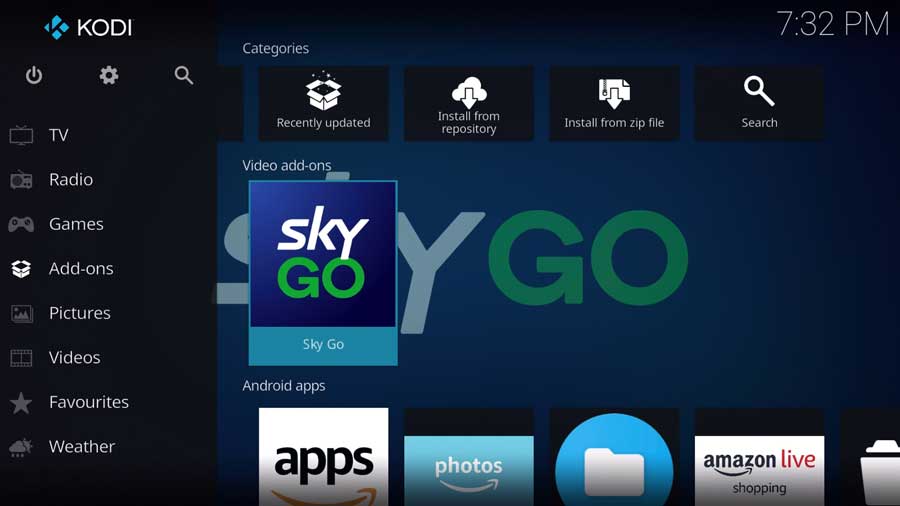 Launch the Sky Go addon from the Add-ons tab