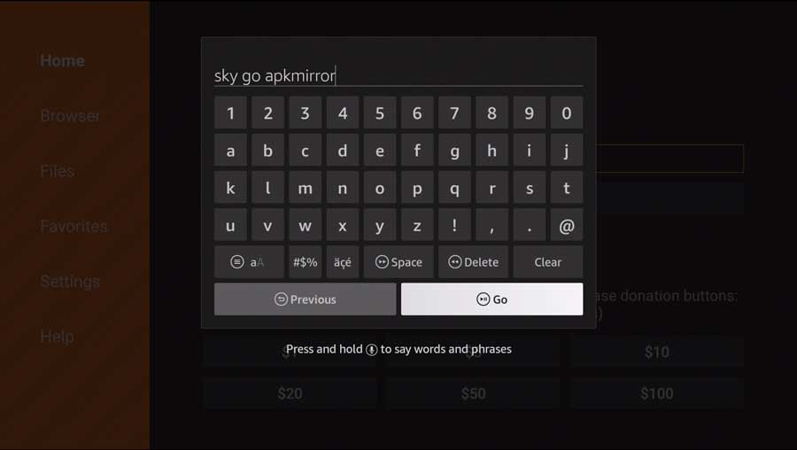 Search for "sky go apkmirror" in Downloader