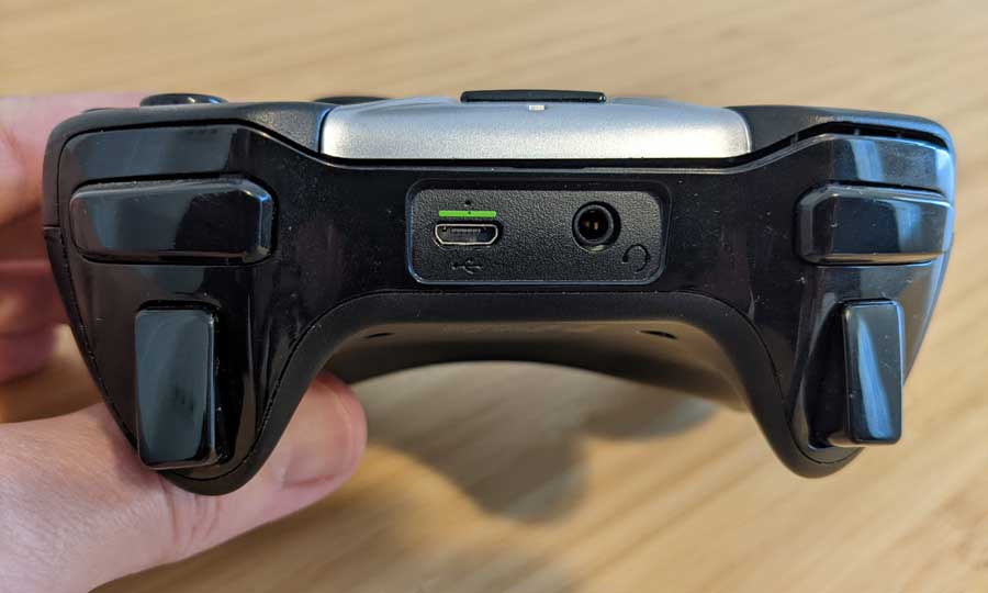2015 NVIDIA Shield controller showing micro-USB charging port