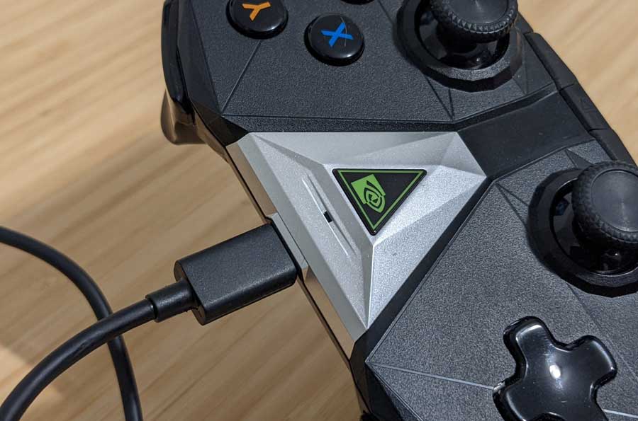 2017 NVIDIA Shield controller with micro-USB charging cable inserted