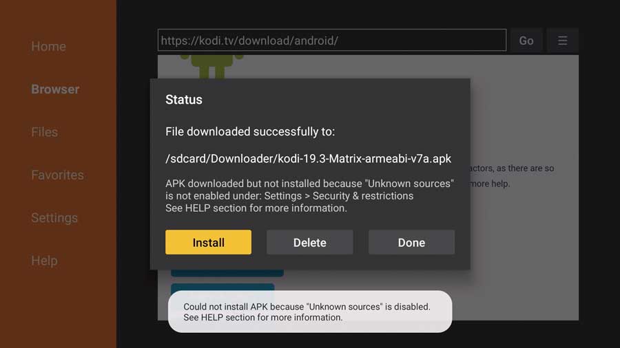 Cannot install APK file because 'Unknown Sources' is not enabled. 