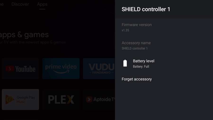 NVIDIA Shield controller detail screen with full battery