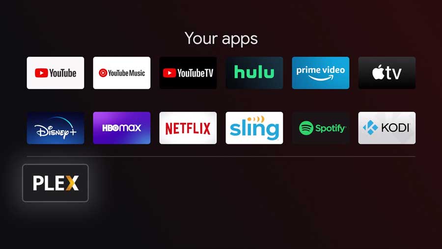 Chromecast with Google TV app drawer. Plex highlighted