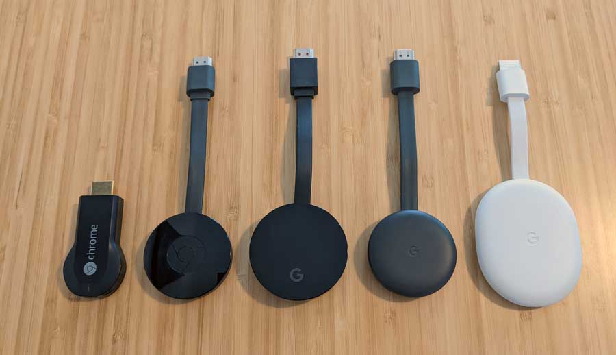 From left to right: Chromecast 1st gen, 2nd gen, Ultra, 3rd gen and Chromecast with Google TV