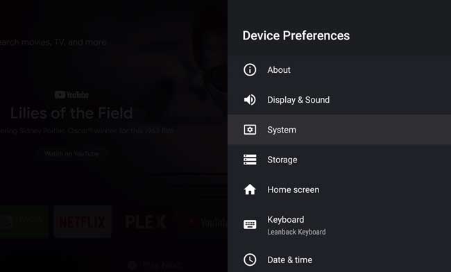 NVIDIA Shield Settings menu: System tab