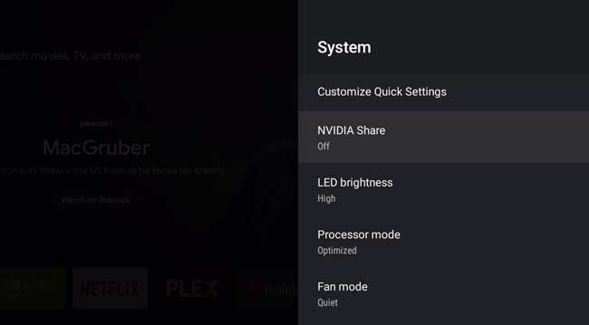 NVIDIA Shield Settings menu: NVIDIA Share off