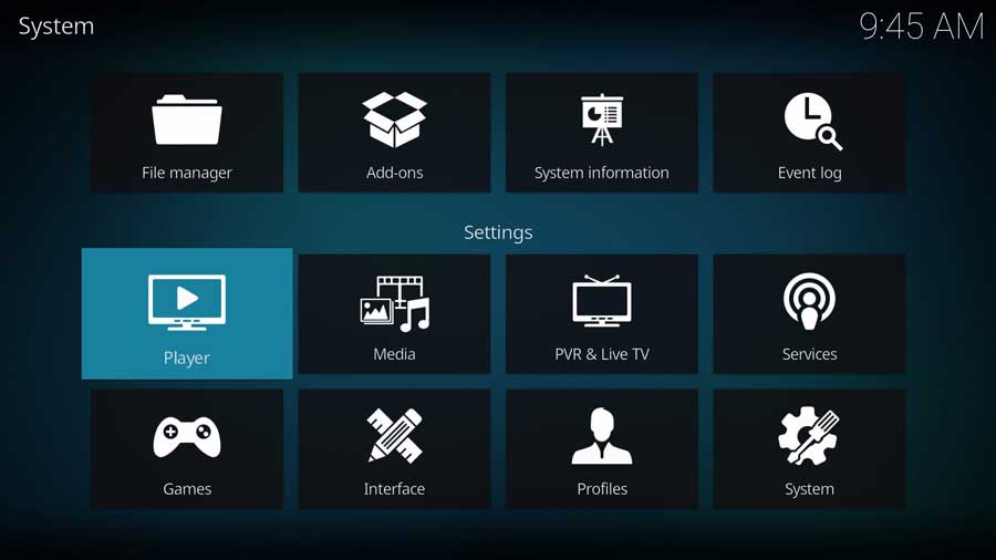 Kodi Settings Menu: Player highlighted