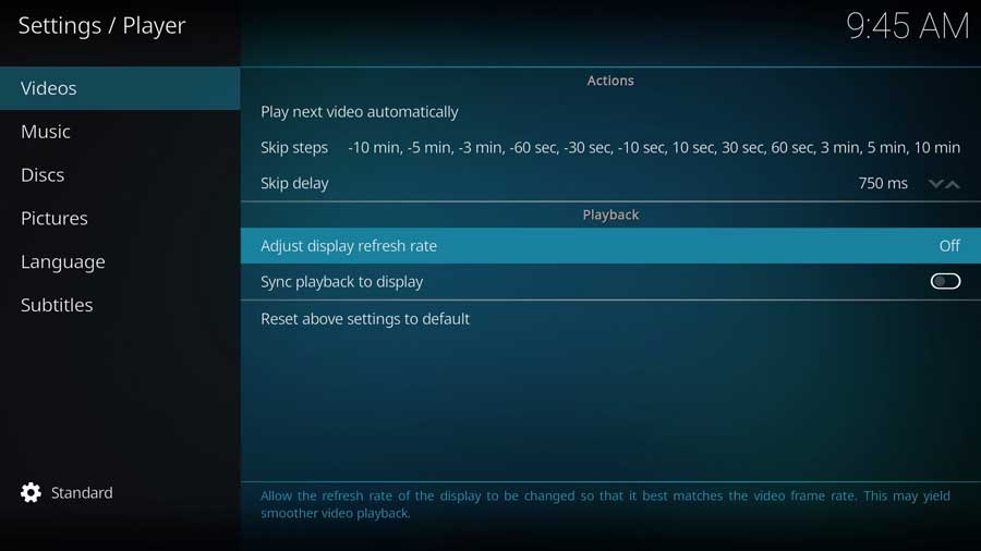 Kodi Settings: Adjust display refresh rate