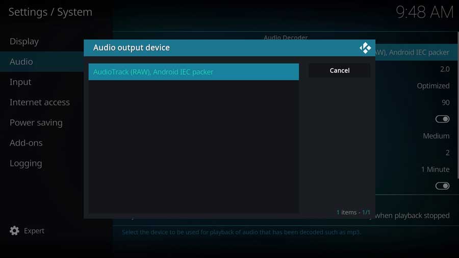 Kodi Settings: Audio Output Device