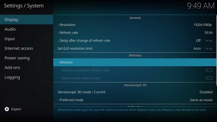 Kodi Settings: Whitelist resolutions