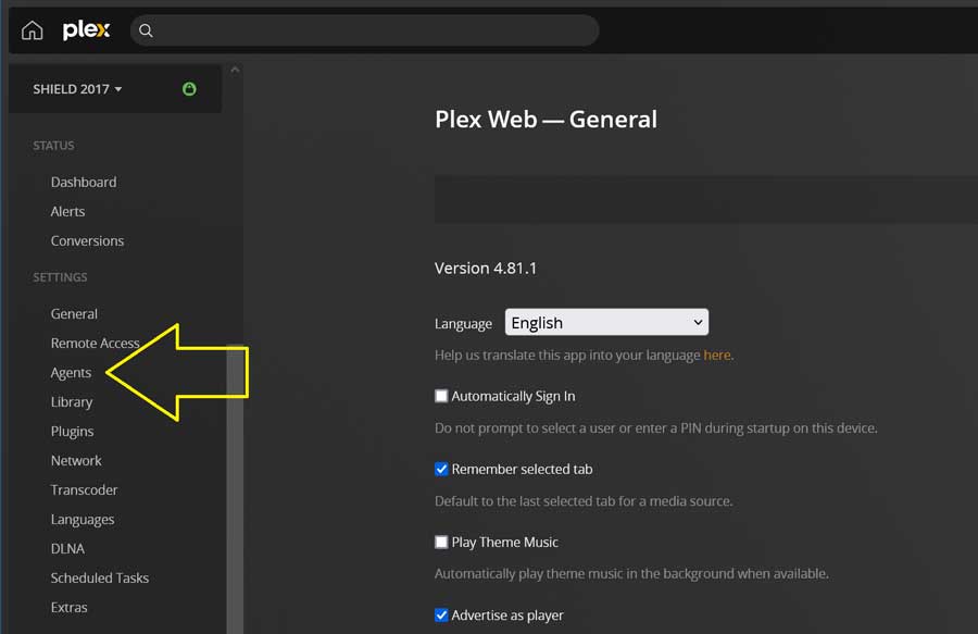 Plex Settings menu. Click on Agents