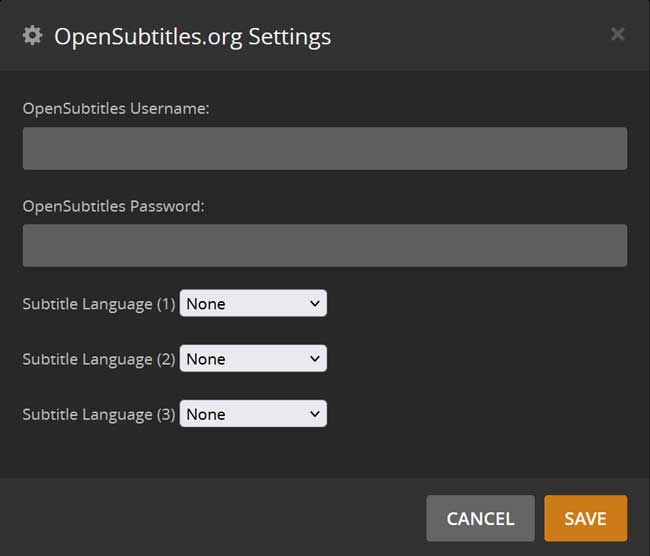 OpenSubtitles.org settings menu in Plex