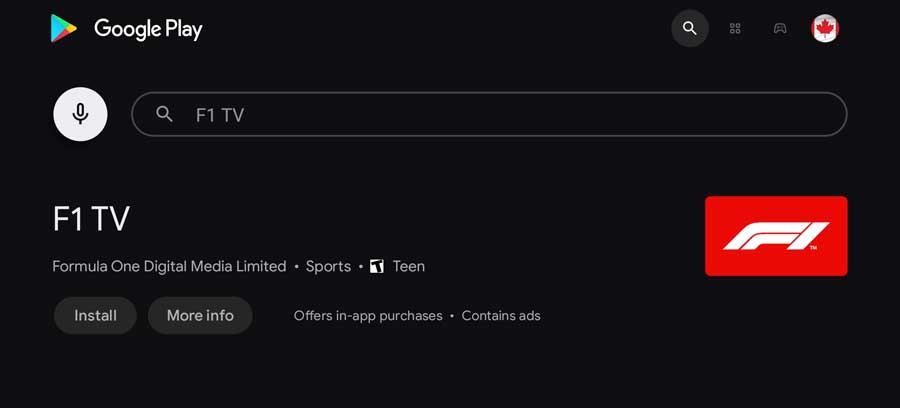 Search for the F1 TV app in the Google Play Store