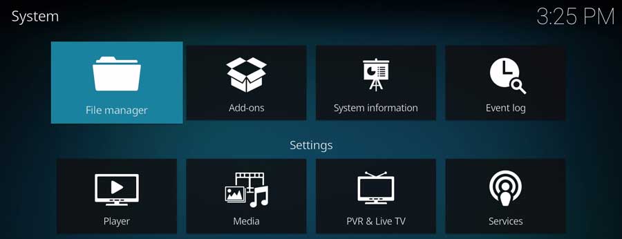 Kodi Settings menu: File Manager button