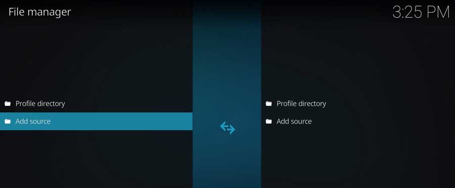 Kodi File Manager screen. Add Source