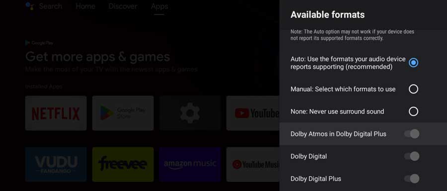 Available Formats menu on NVIDIA Shield Settings Menu