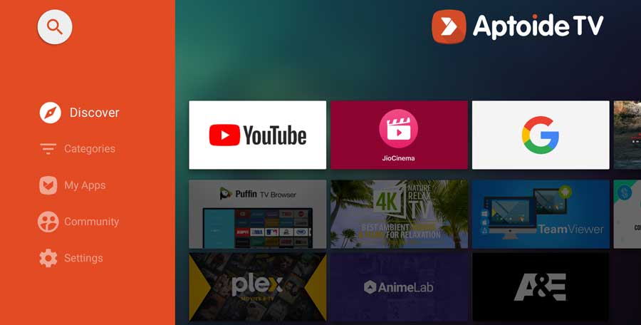 Aptoide TV home screen. 