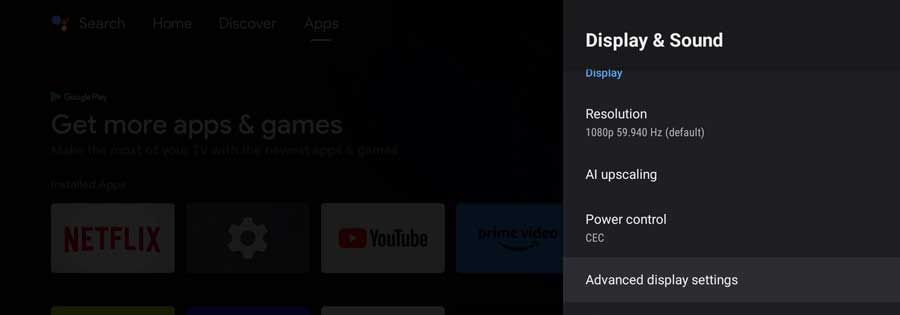 NVIDIA Shield settings: Advanced Display Settings