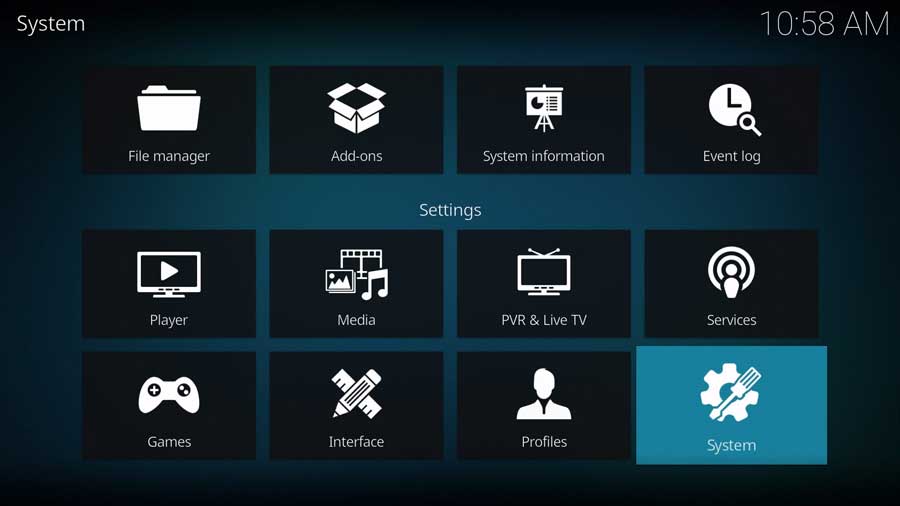 Kodi Settings menu: System highlighted