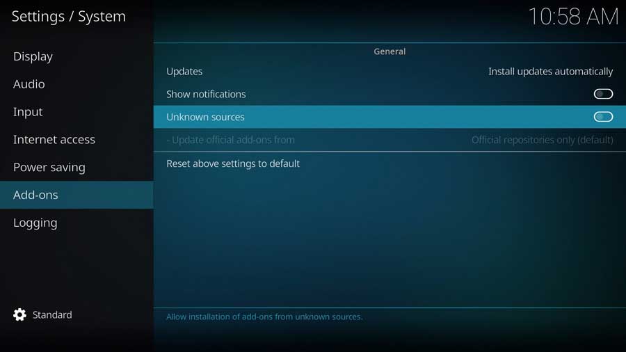 Kodi Settings menu: Unknown Sources option