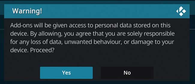 Kodi warns you that any addons will inherit the same permissions as Kodi