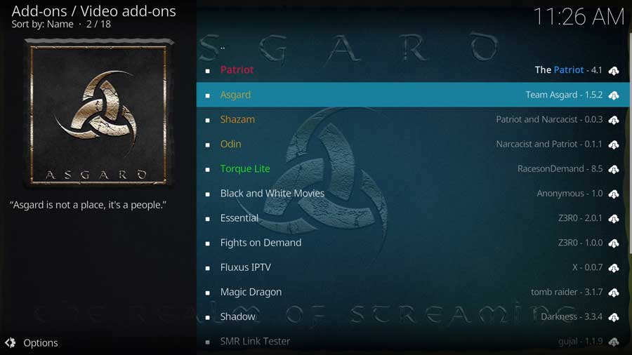 Select the Asgard Kodi addon