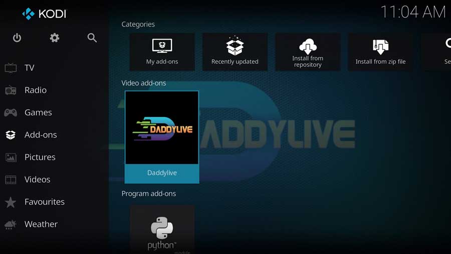 Open DaddyLive in the Add-ons menu