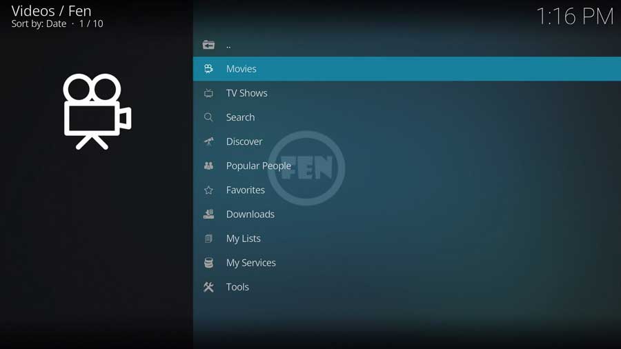 FEN Kodi addon main menu