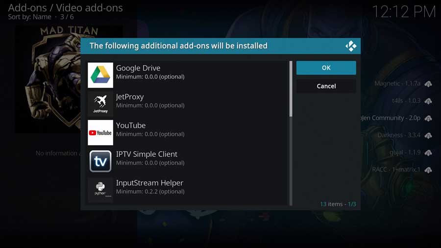 Click OK to install additional required addons