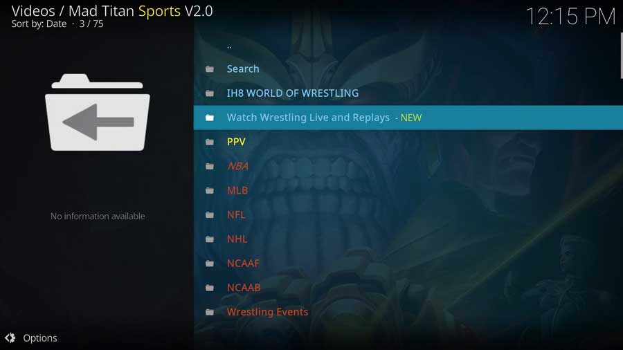 Mad Titan Sports addon's sports menu