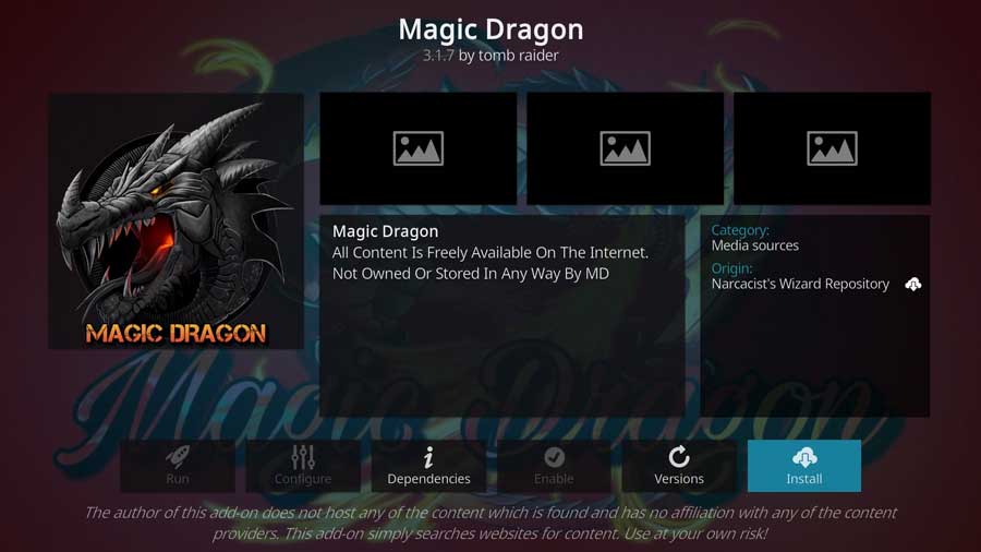 Magic Dragon addon detail page. Click Install to continue