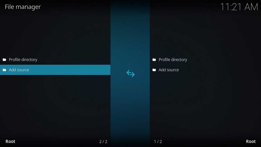 Kodi File Manager Menu: Add Source highlighted