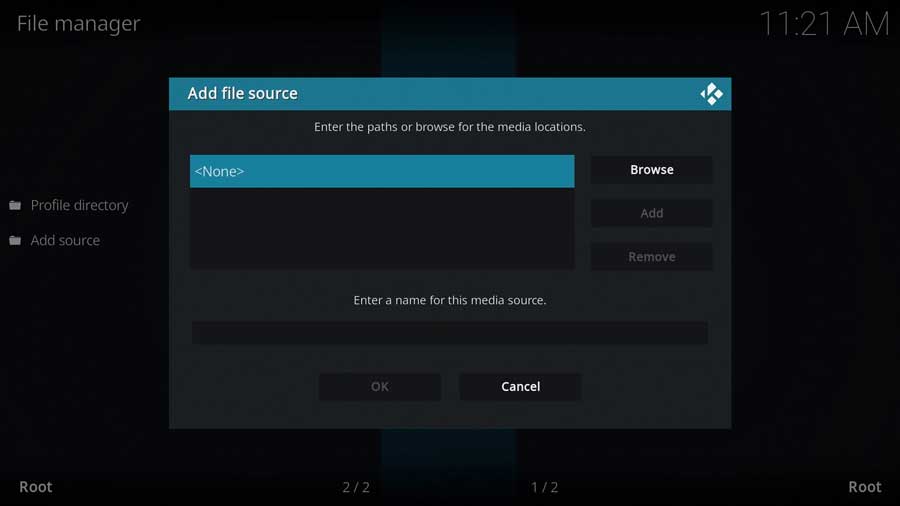 Click <None> in the Add File Source menu to add a new file source to Kodi