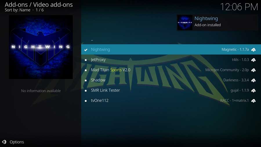 Messagebox saying the Nightwing Kodi addon has been installed