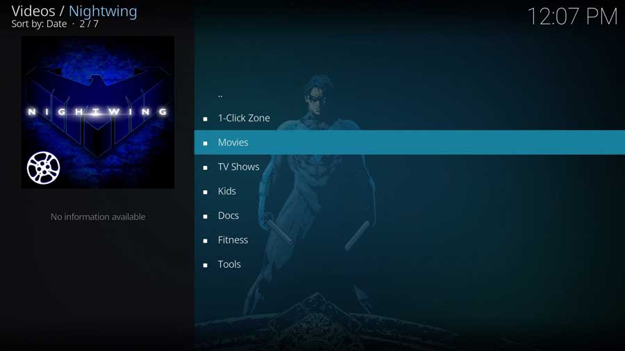 Nightwing Kodi addon main menu