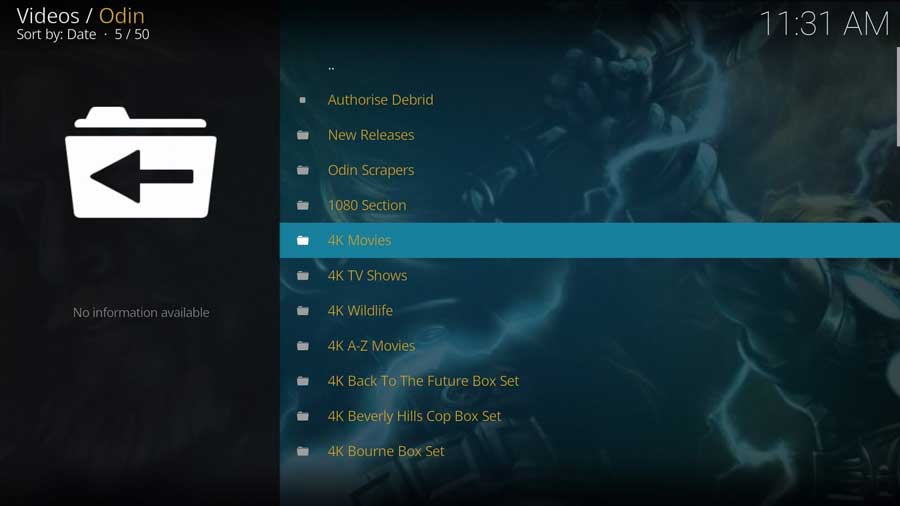 Odin Kodi addon main menu