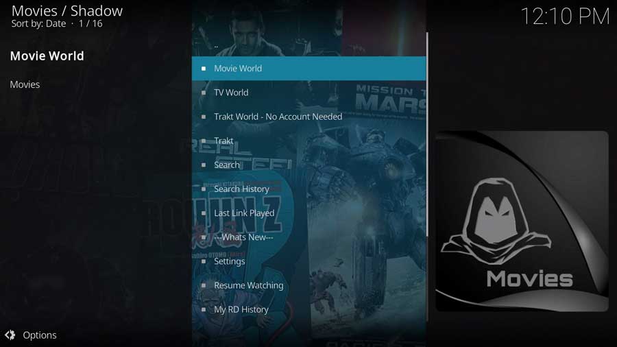 Shadow Kodi addon: main menu