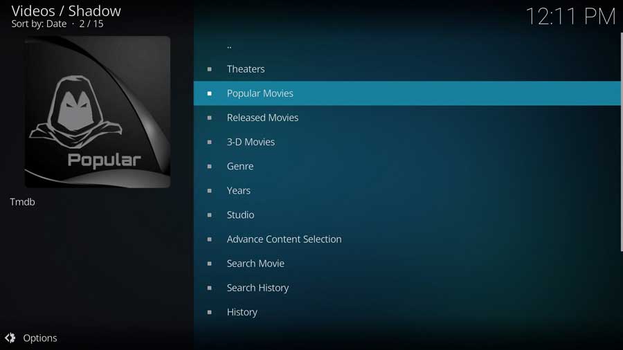 Movies sub-menu of the Shadow Kodi addon