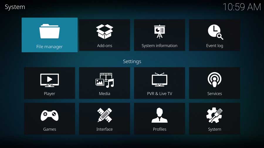 Kodi 20: Settings menu. File Manager highlighted