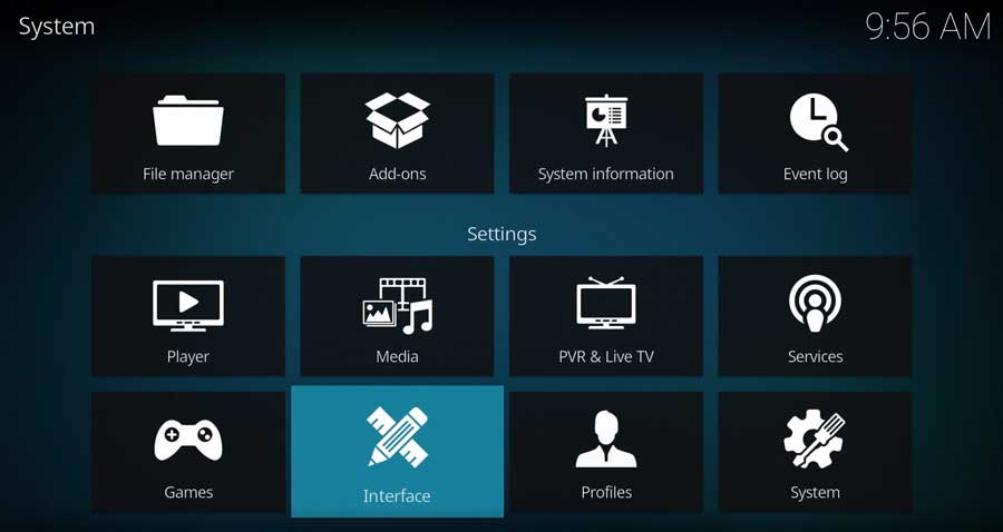 Kodi Settings Menu: Interface highlighted