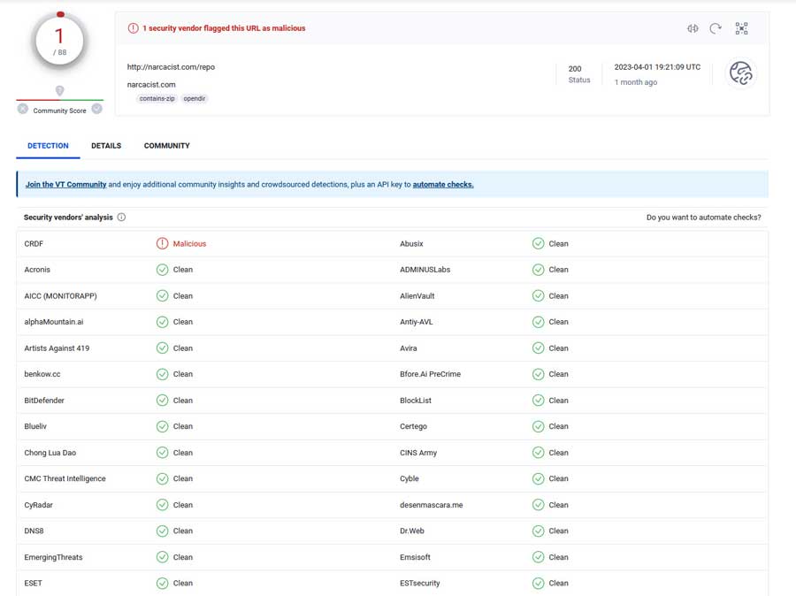 VirusTotal results for the Narcacist repo