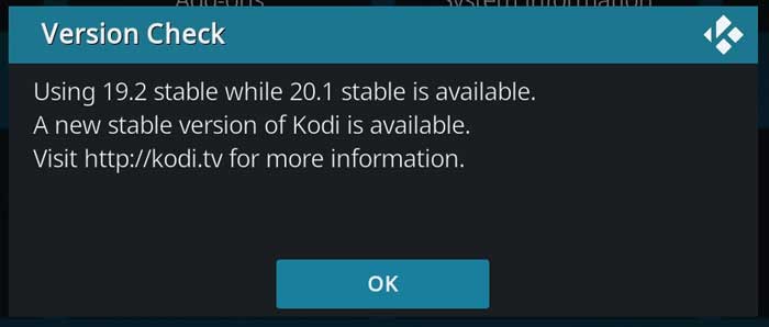 Warning message saying there's a new stable version of Kodi available